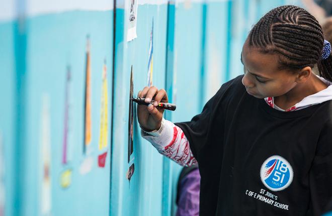 School children pictured painting the walls of the new Ben Ainslie Racing HQ today.<br />
 © Lloyd Images